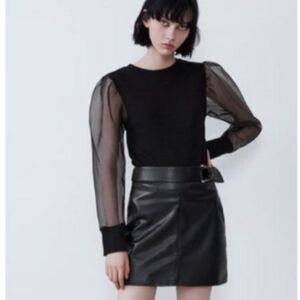 Zara Voluminous Sheer Organza Sleeves Ribbed Top